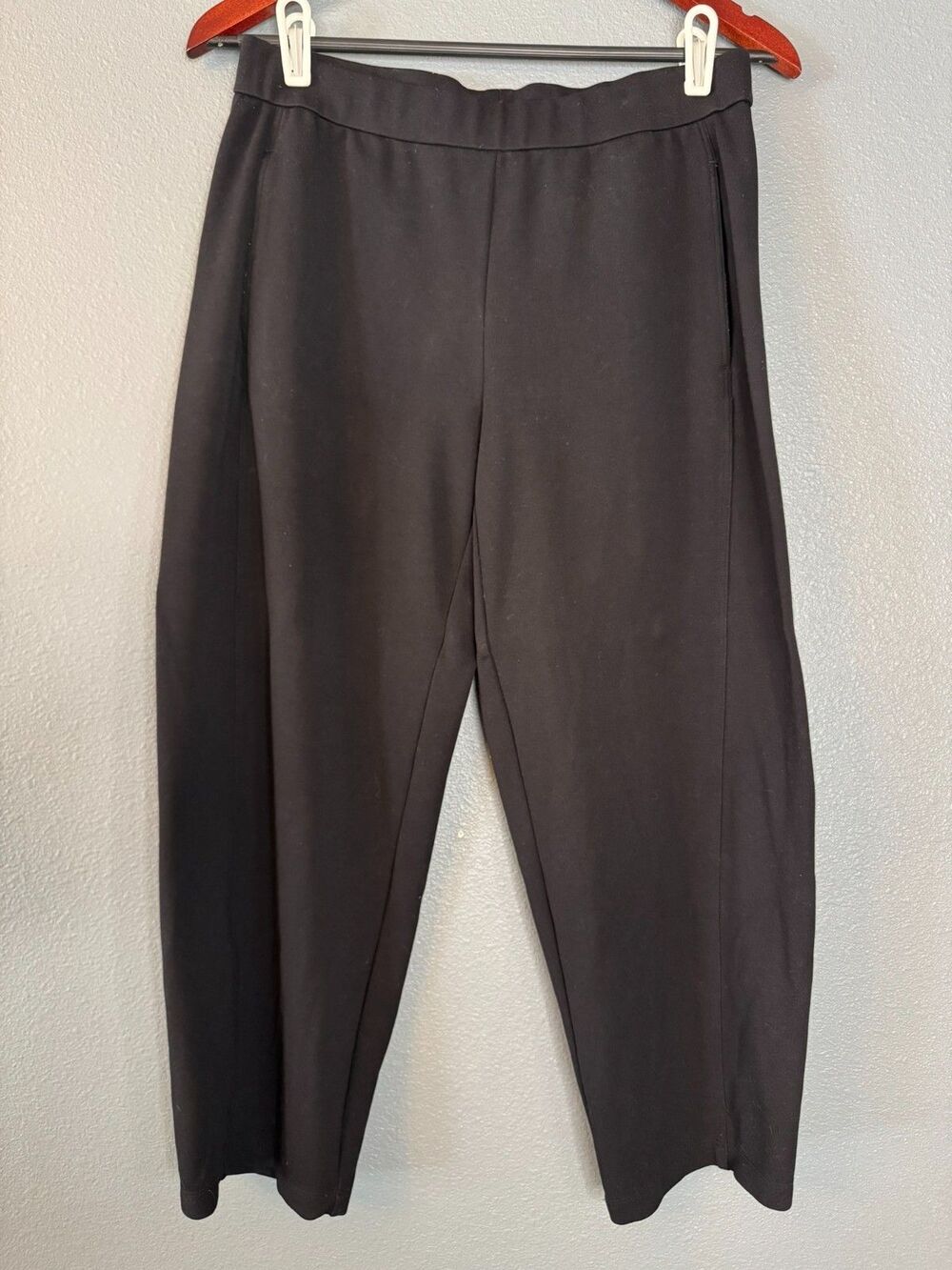Eileen Fisher S/P Black Pull On Crop Knit Pants Lyocell Stretch Pockets